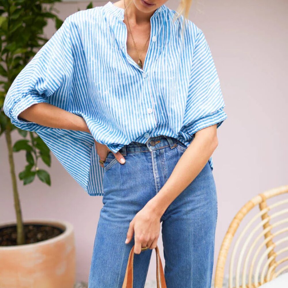 Emerson Fry MANDARIN COLLAR TOP - SUNDAY STRIPE BLUESY ORGANIC - onesize